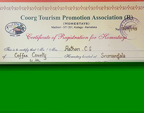 Certificate recognizing Coffee County homestay for quality service and guest satisfaction in Coorg